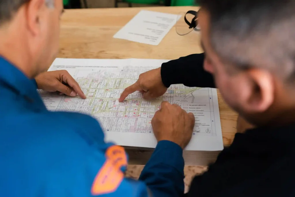 Projektleitende die einen Bauplan für ein Projekt besprechen